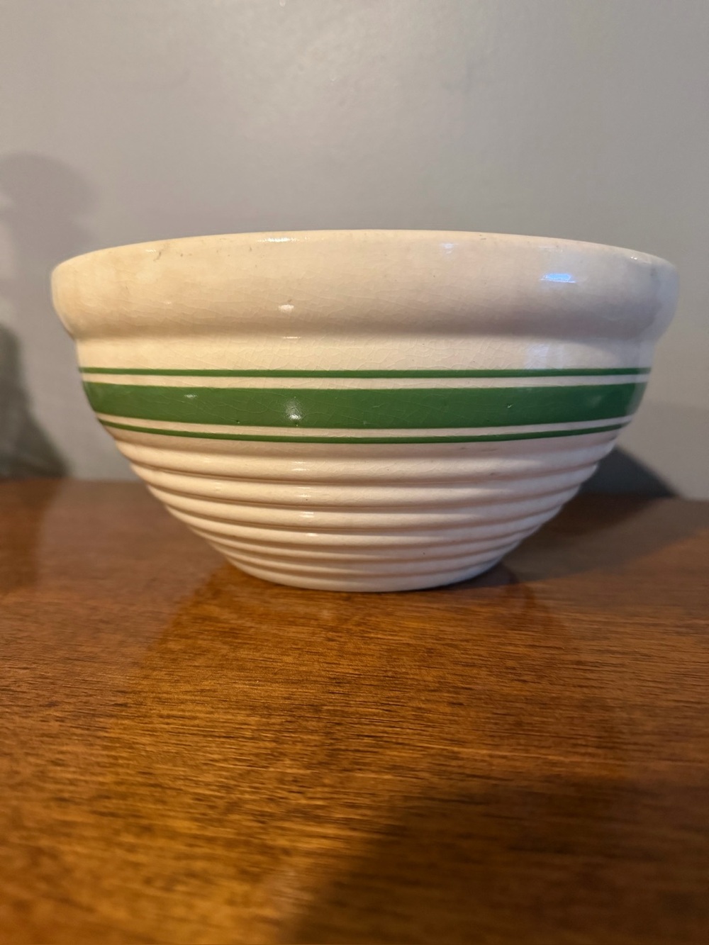 Vintage Hull Beehive Green Striped Yellowware Bowl -Oven Proof USA 9.5